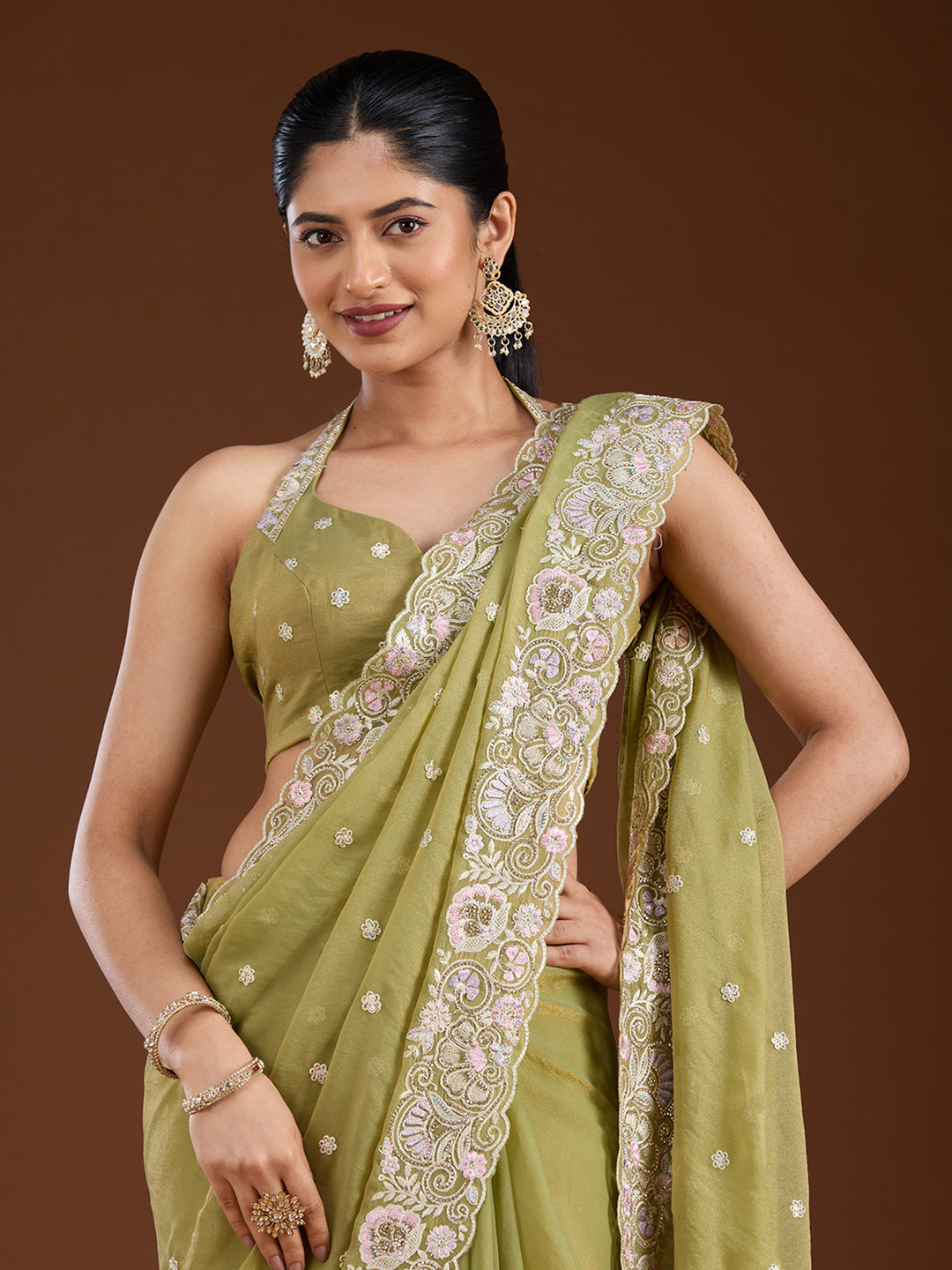 Pista Green Threadwork Tissue Saree