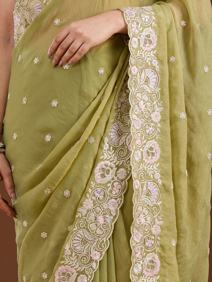 Pista Green Threadwork Tissue Saree