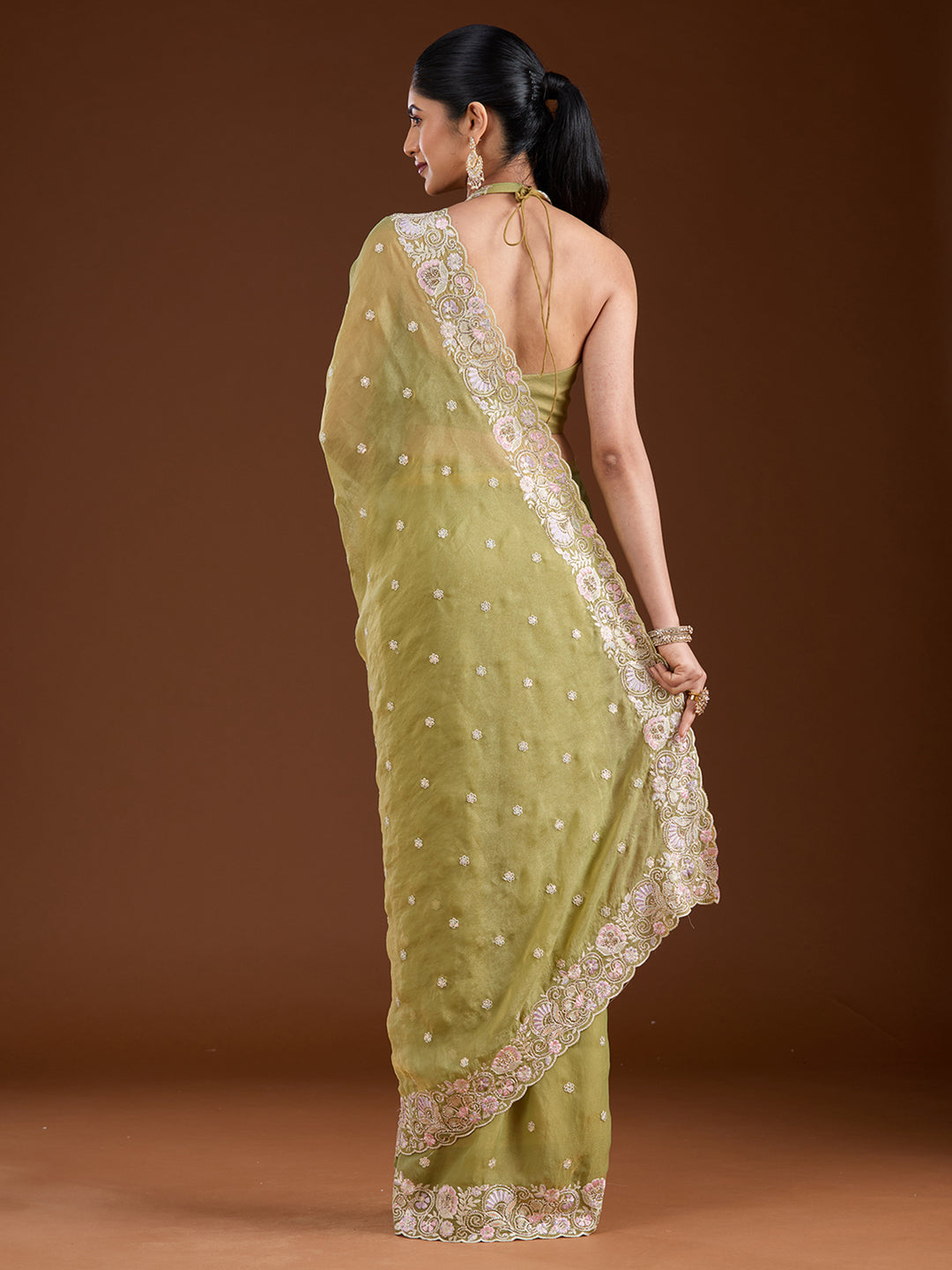 Pista Green Threadwork Tissue Saree