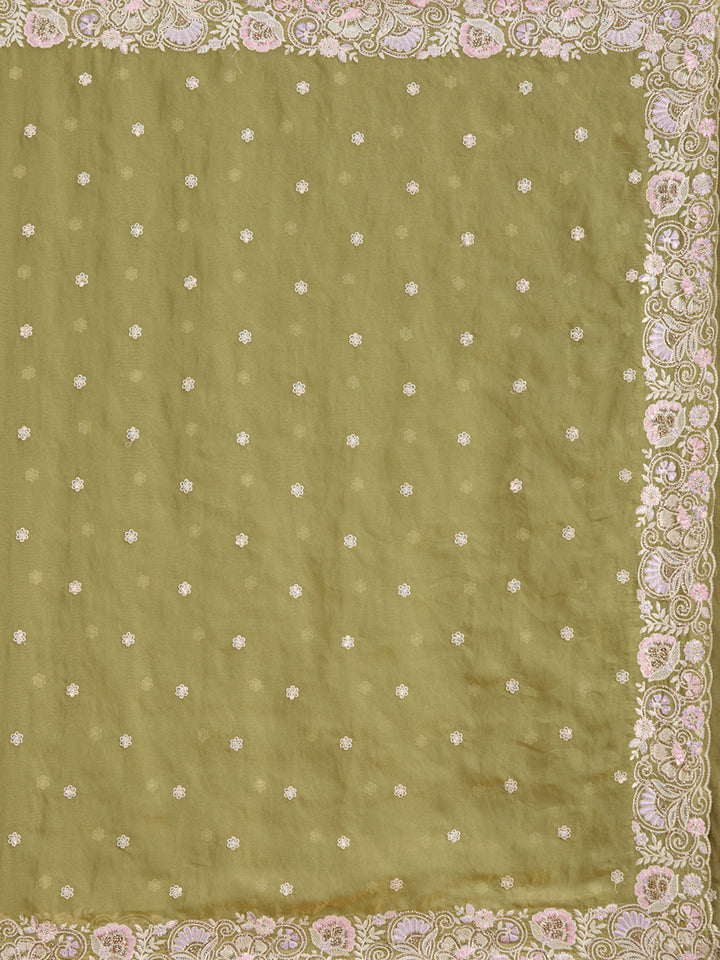 Pista Green Threadwork Tissue Saree