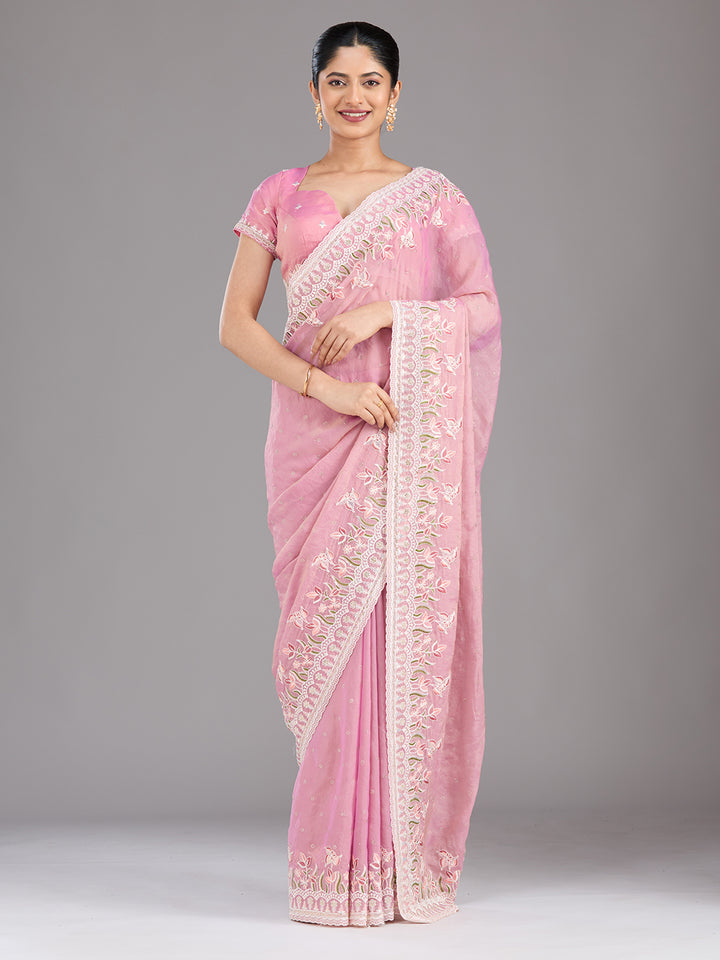 Onion Pink Threadwork Chiffon Saree