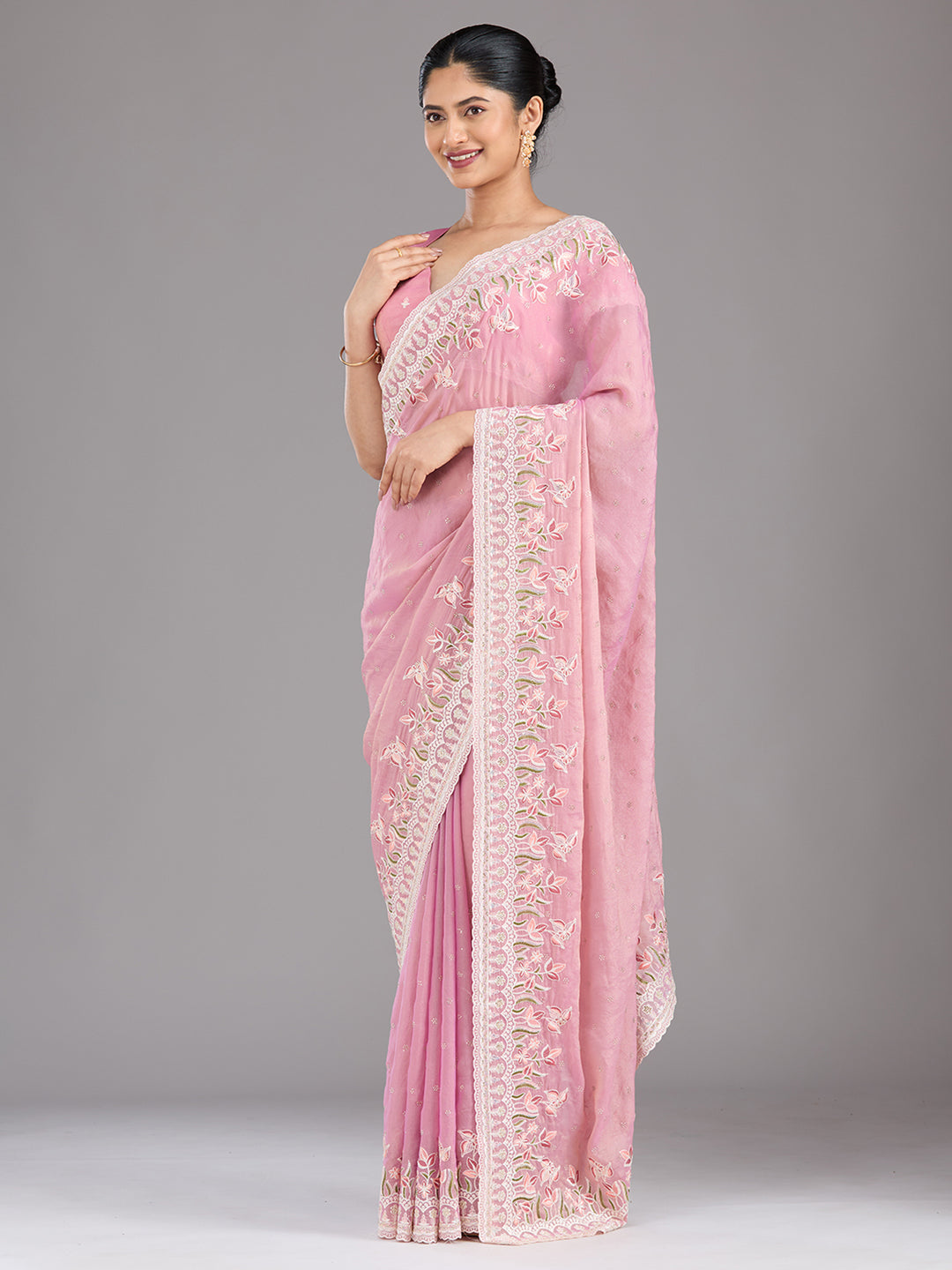 Onion Pink Threadwork Chiffon Saree