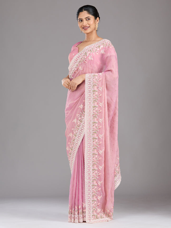 Onion Pink Threadwork Chiffon Saree