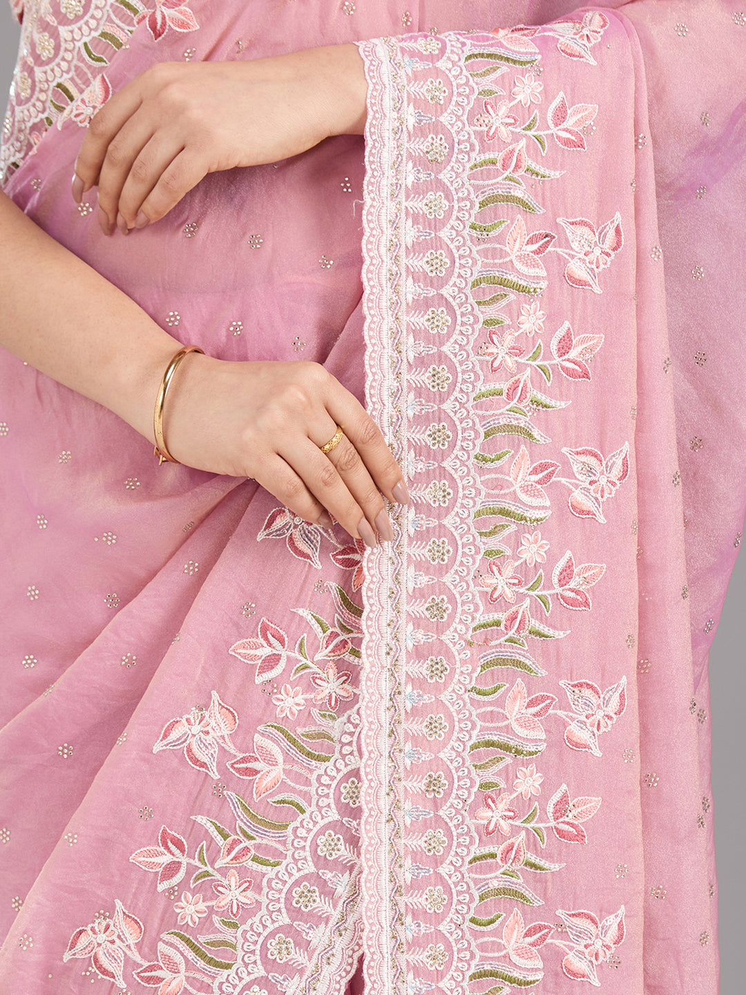 Onion Pink Threadwork Chiffon Saree