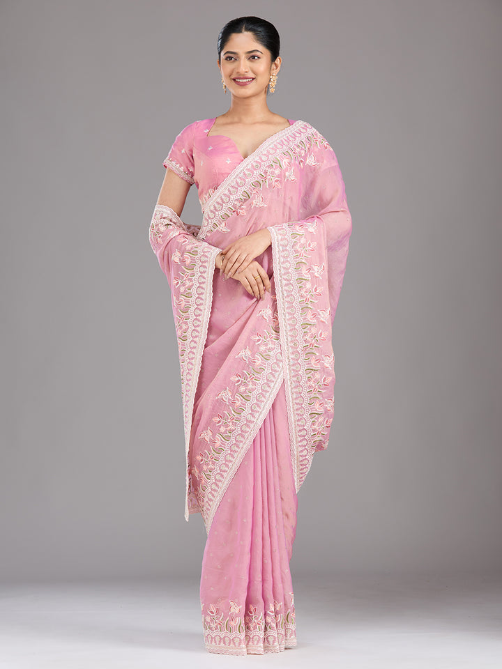 Onion Pink Threadwork Chiffon Saree