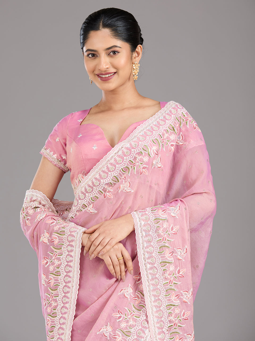 Onion Pink Threadwork Chiffon Saree
