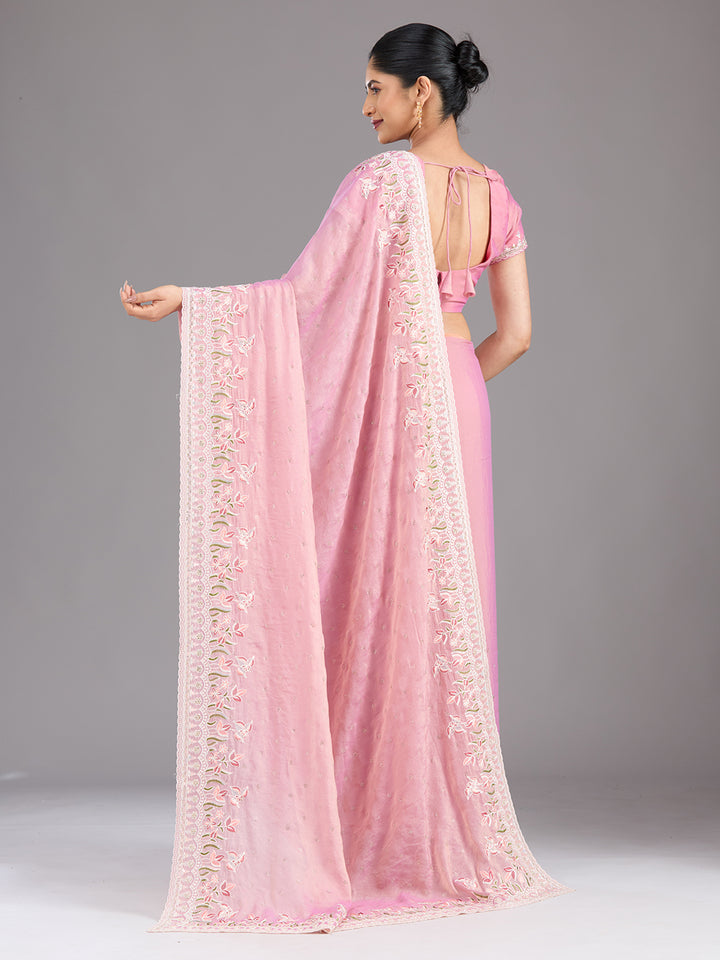 Onion Pink Threadwork Chiffon Saree