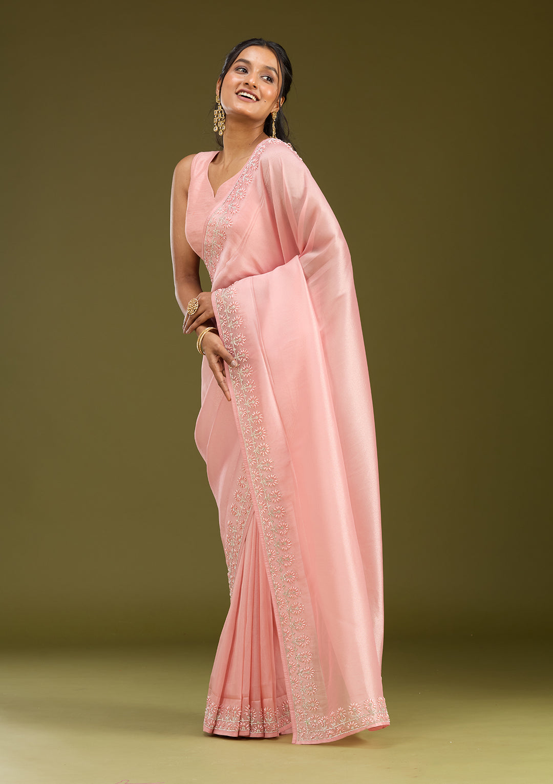 Baby Pink Pearlwork Tissue Saree