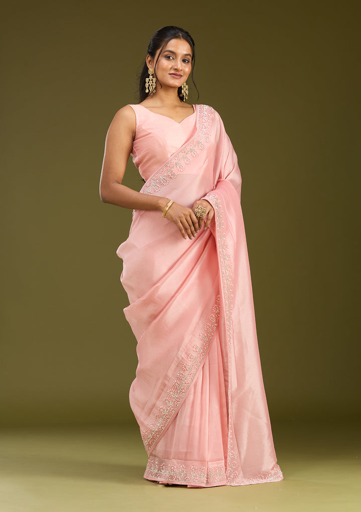 Baby Pink Pearlwork Tissue Saree
