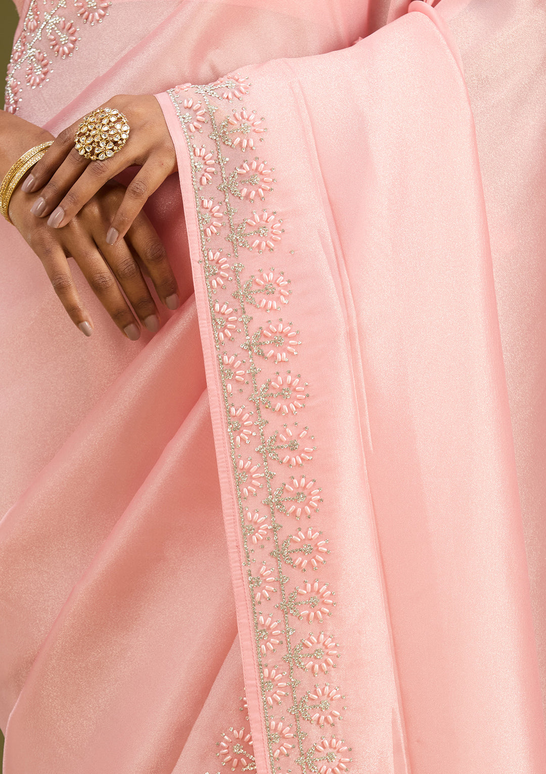 Baby Pink Pearlwork Tissue Saree