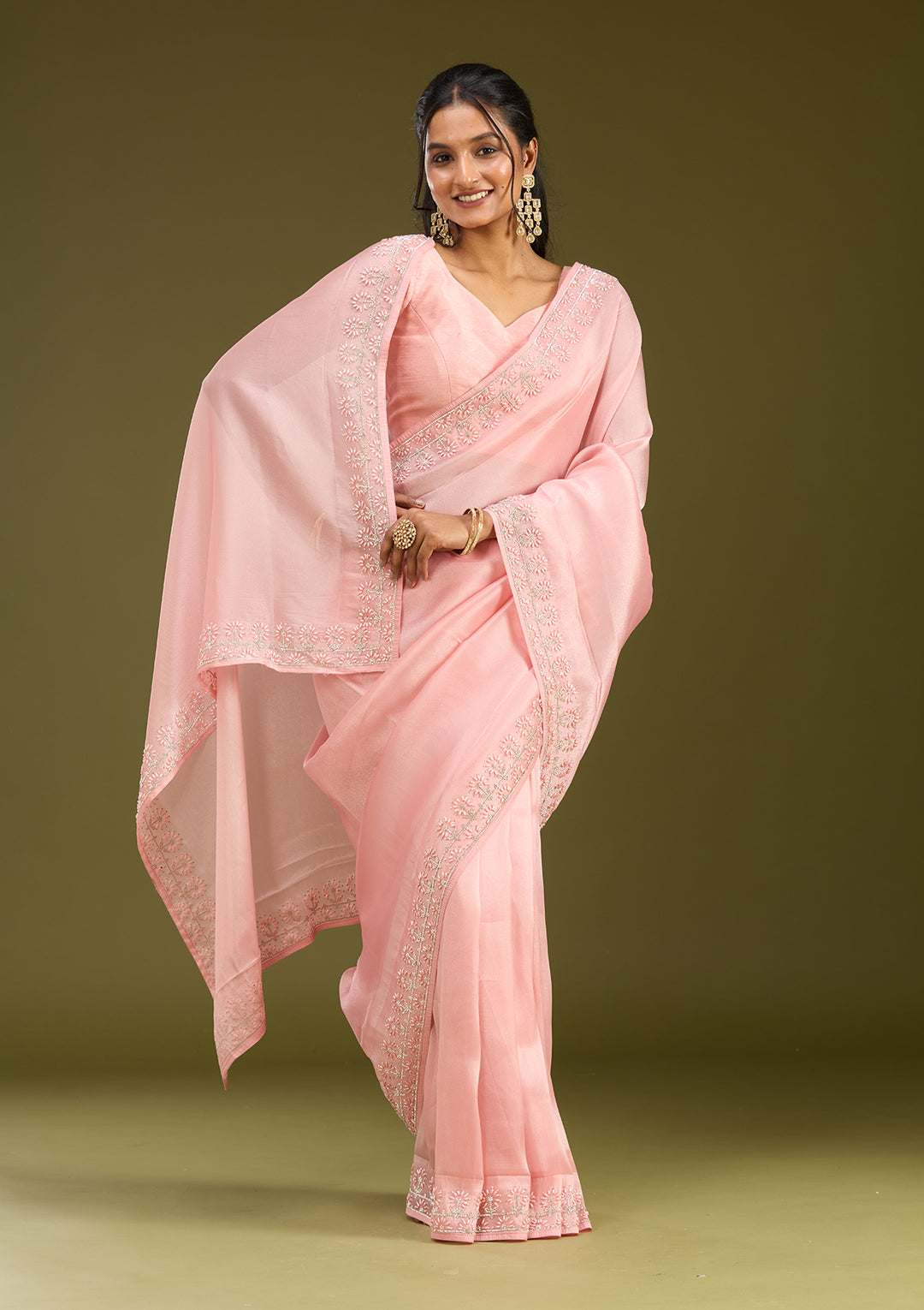 Baby Pink Pearlwork Tissue Saree