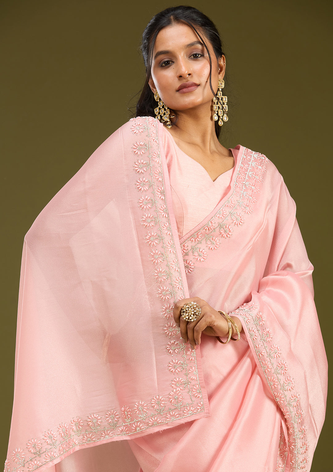 Baby Pink Pearlwork Tissue Saree