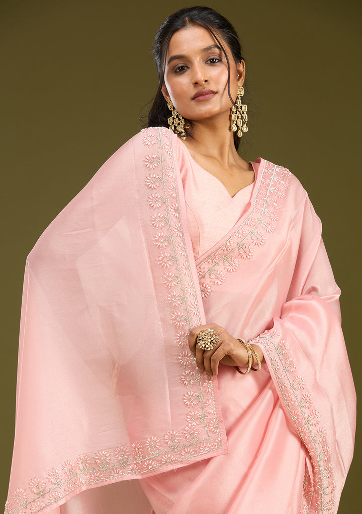 Baby Pink Pearlwork Tissue Saree