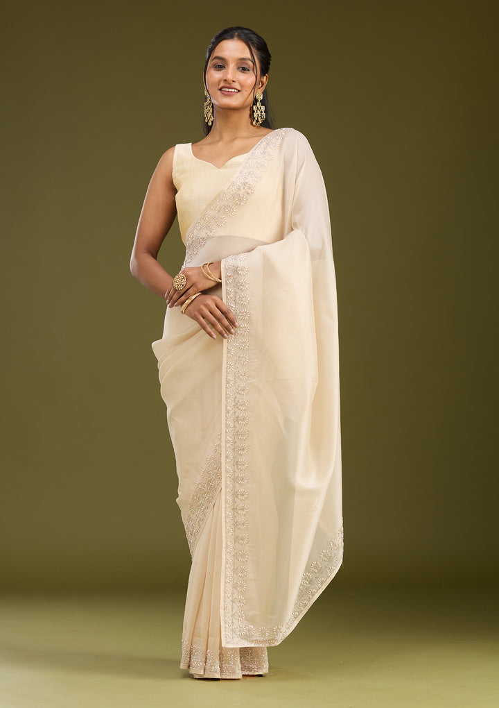 Beige Pearlwork Tissue Saree