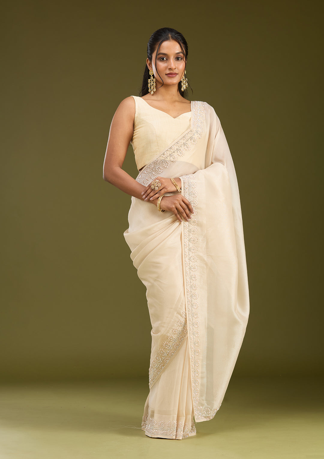 Beige Pearlwork Tissue Saree