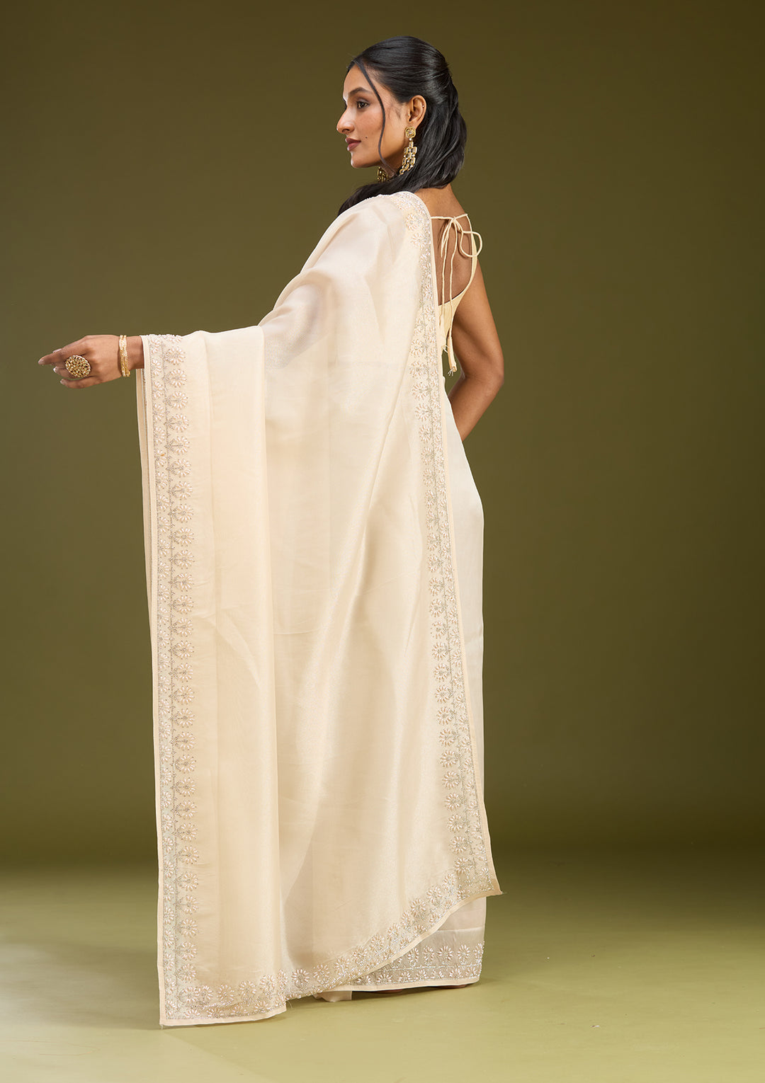 Beige Pearlwork Tissue Saree