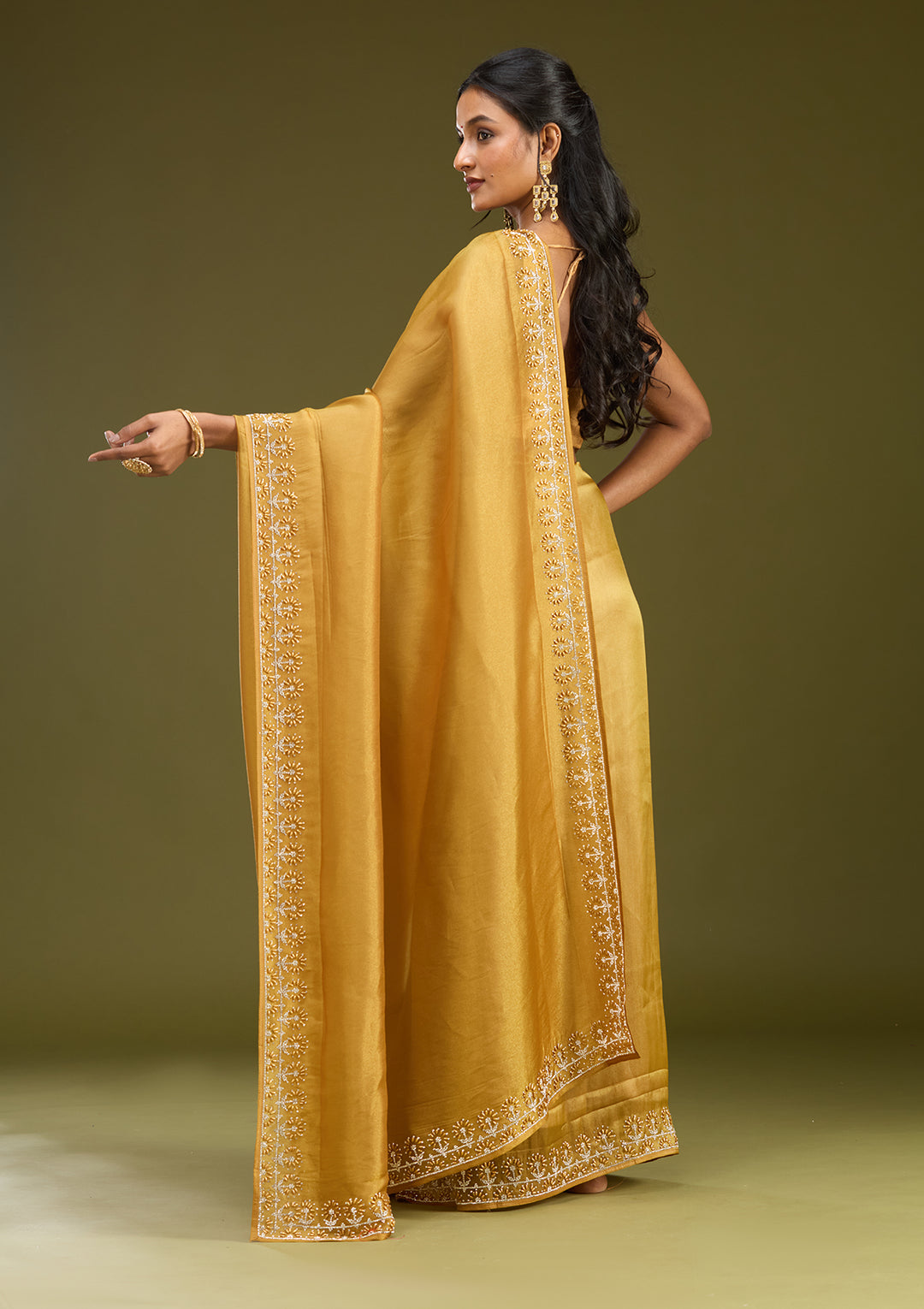 Mustard Pearlwork Tissue Saree