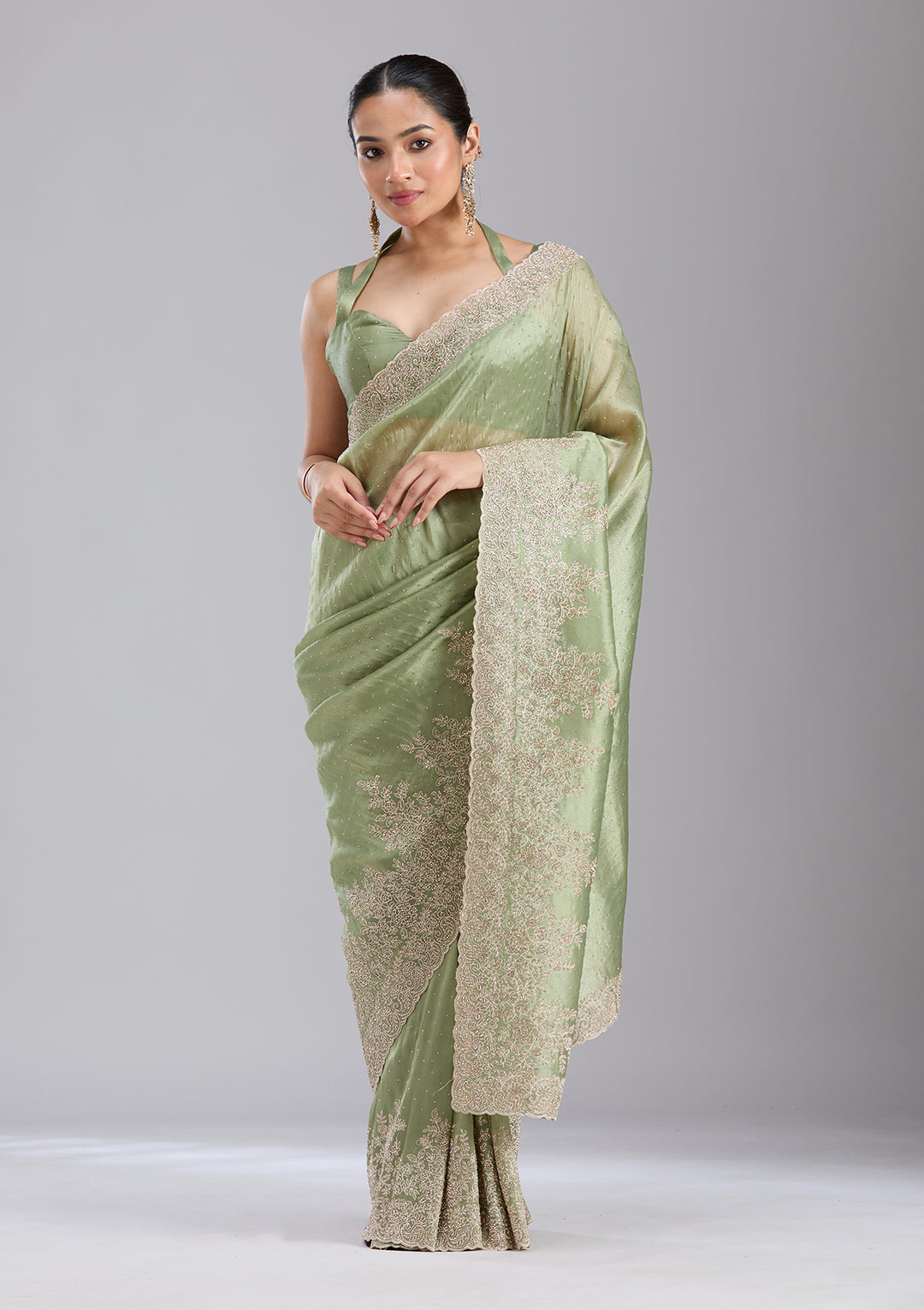 Mehandi Green Cording Tissue Saree