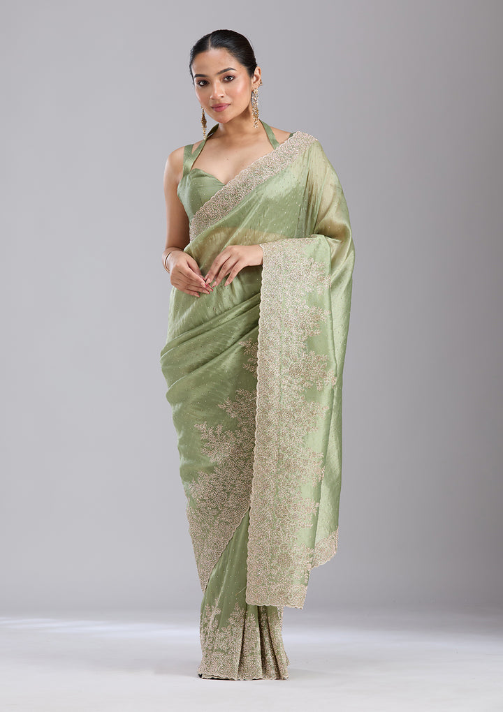 Mehandi Green Cording Tissue Saree