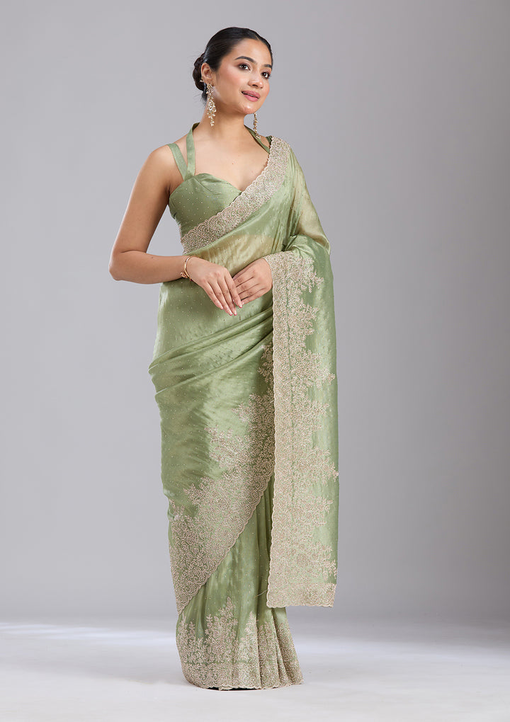 Mehandi Green Cording Tissue Saree