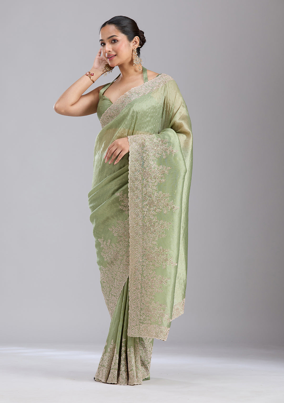 Mehandi Green Cording Tissue Saree