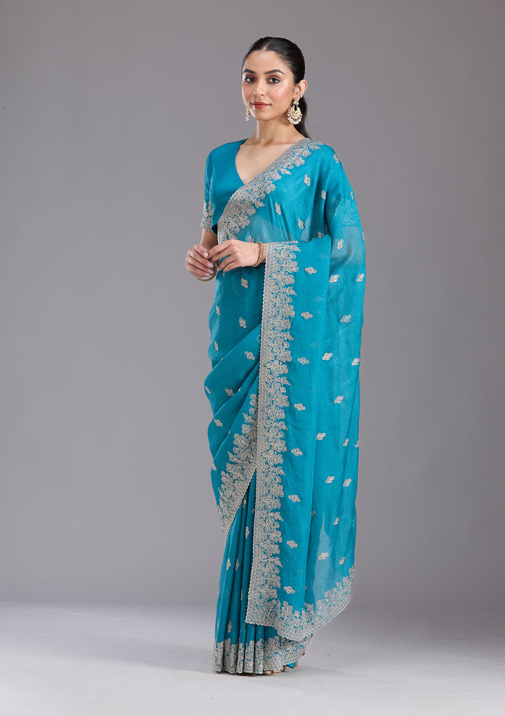 Blue Threadwork Tissue Saree