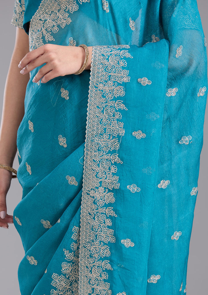 Blue Threadwork Tissue Saree