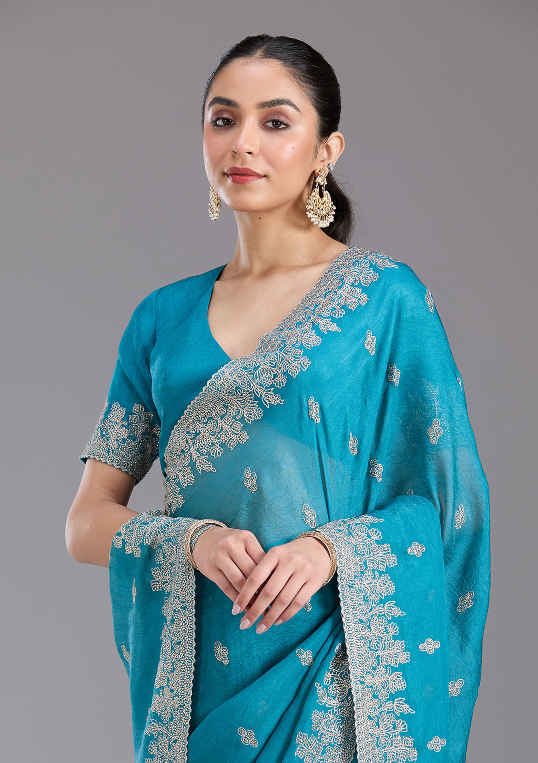 Blue Threadwork Tissue Saree