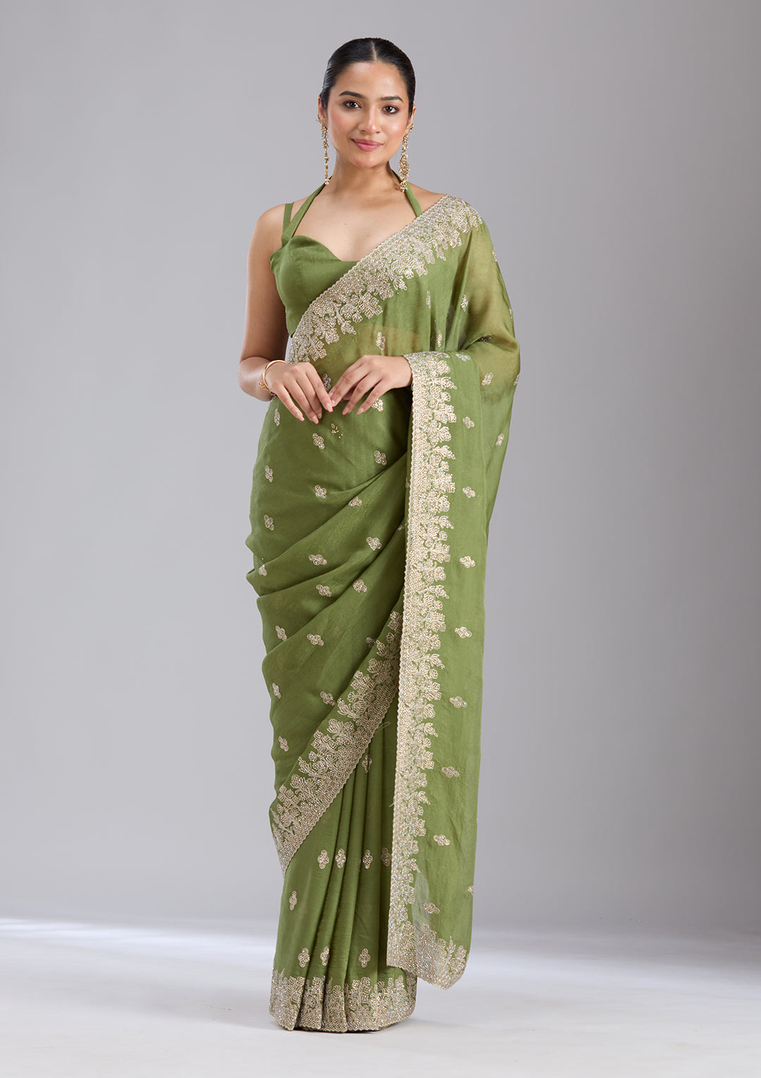 Mehandi Green Threadwork Tissue Saree