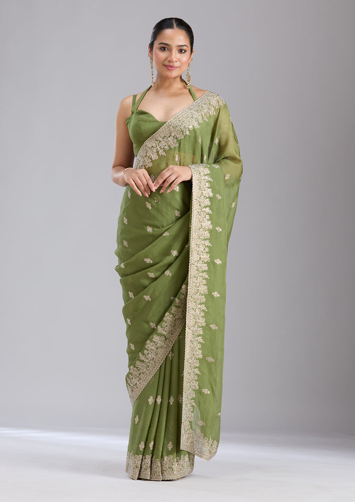 Mehandi Green Threadwork Tissue Saree