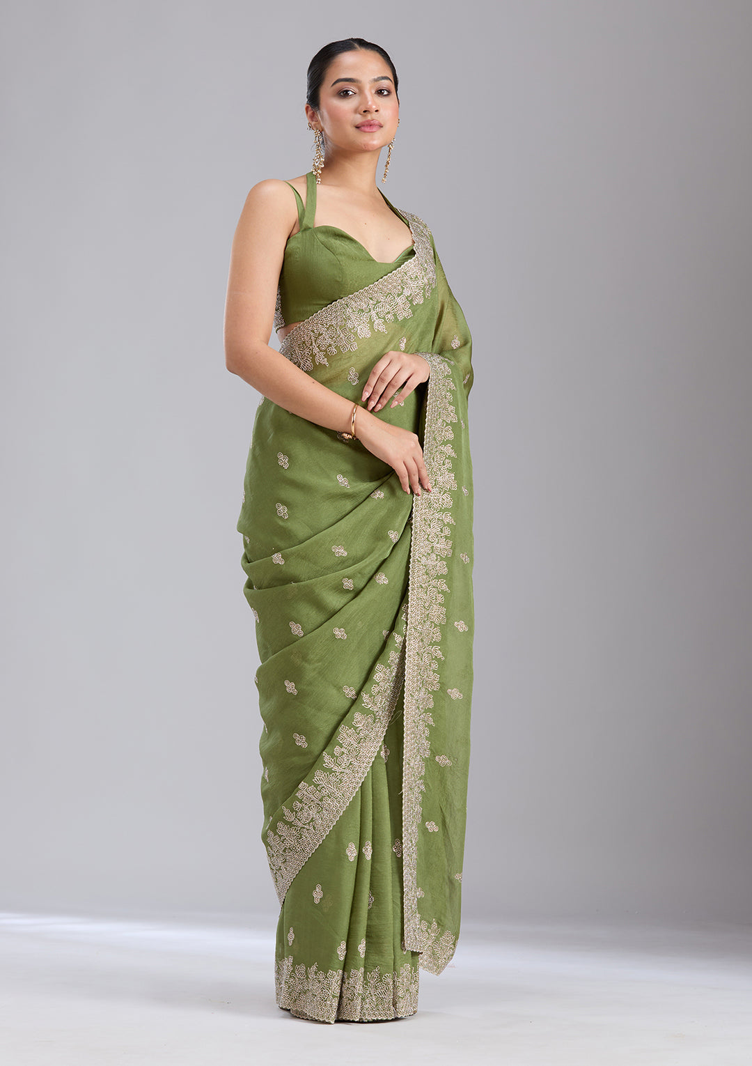 Mehandi Green Threadwork Tissue Saree