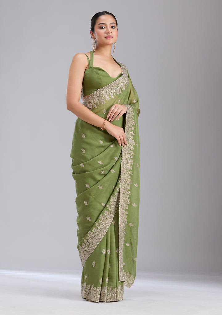Mehandi Green Threadwork Tissue Saree