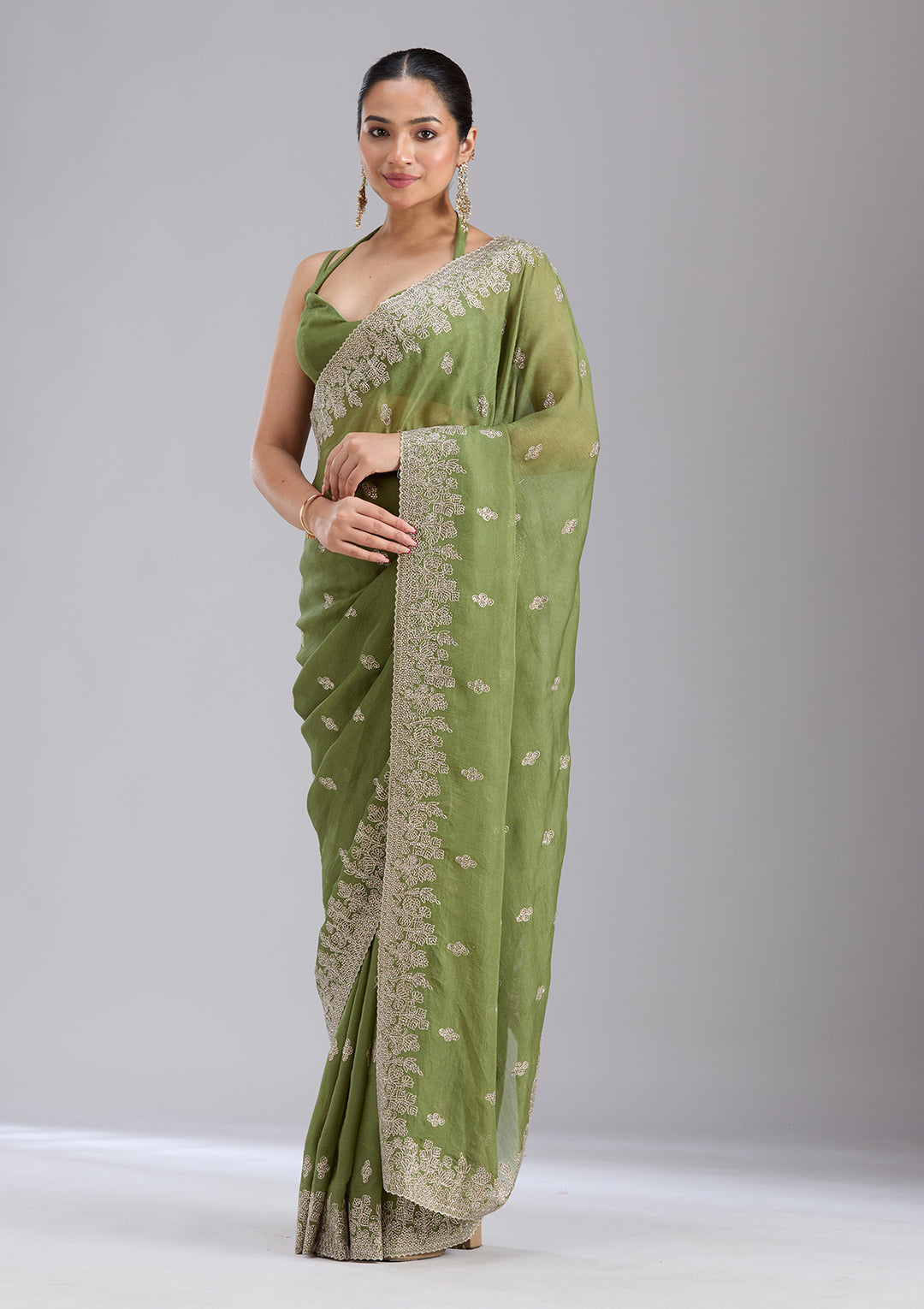 Mehandi Green Threadwork Tissue Saree