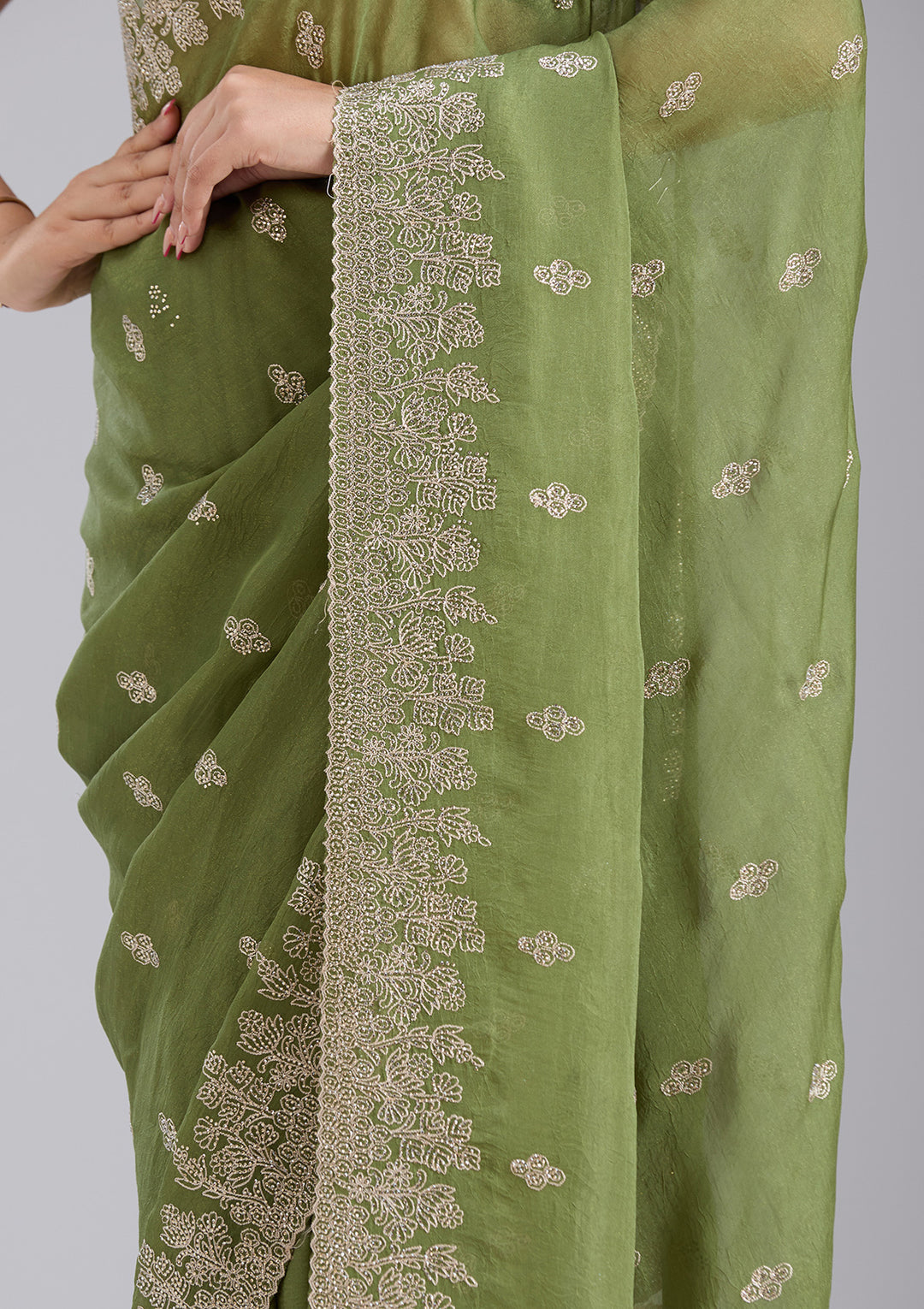 Mehandi Green Threadwork Tissue Saree
