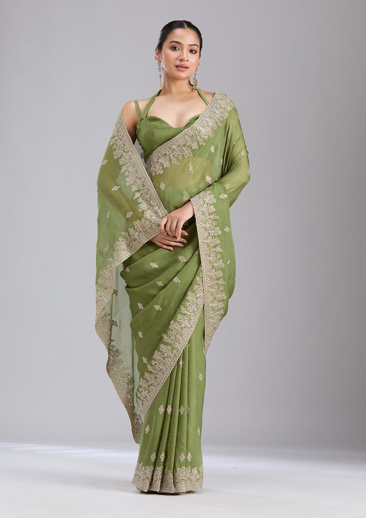 Mehandi Green Threadwork Tissue Saree