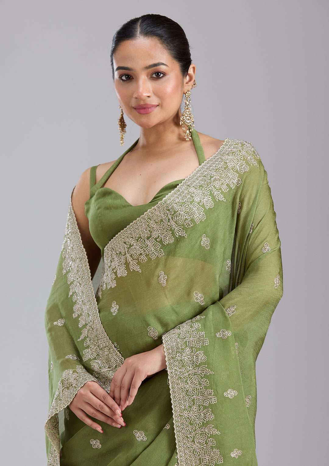 Mehandi Green Threadwork Tissue Saree