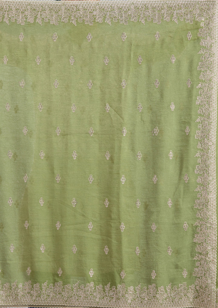 Mehandi Green Threadwork Tissue Saree