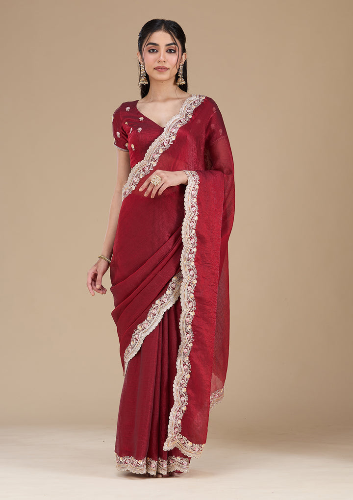 Maroon Zariwork (Gold) Tissue Saree