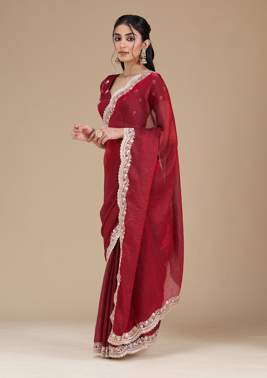 Maroon Zariwork (Gold) Tissue Saree