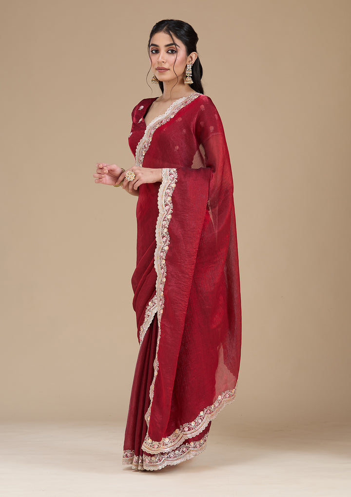 Maroon Zariwork (Gold) Tissue Saree