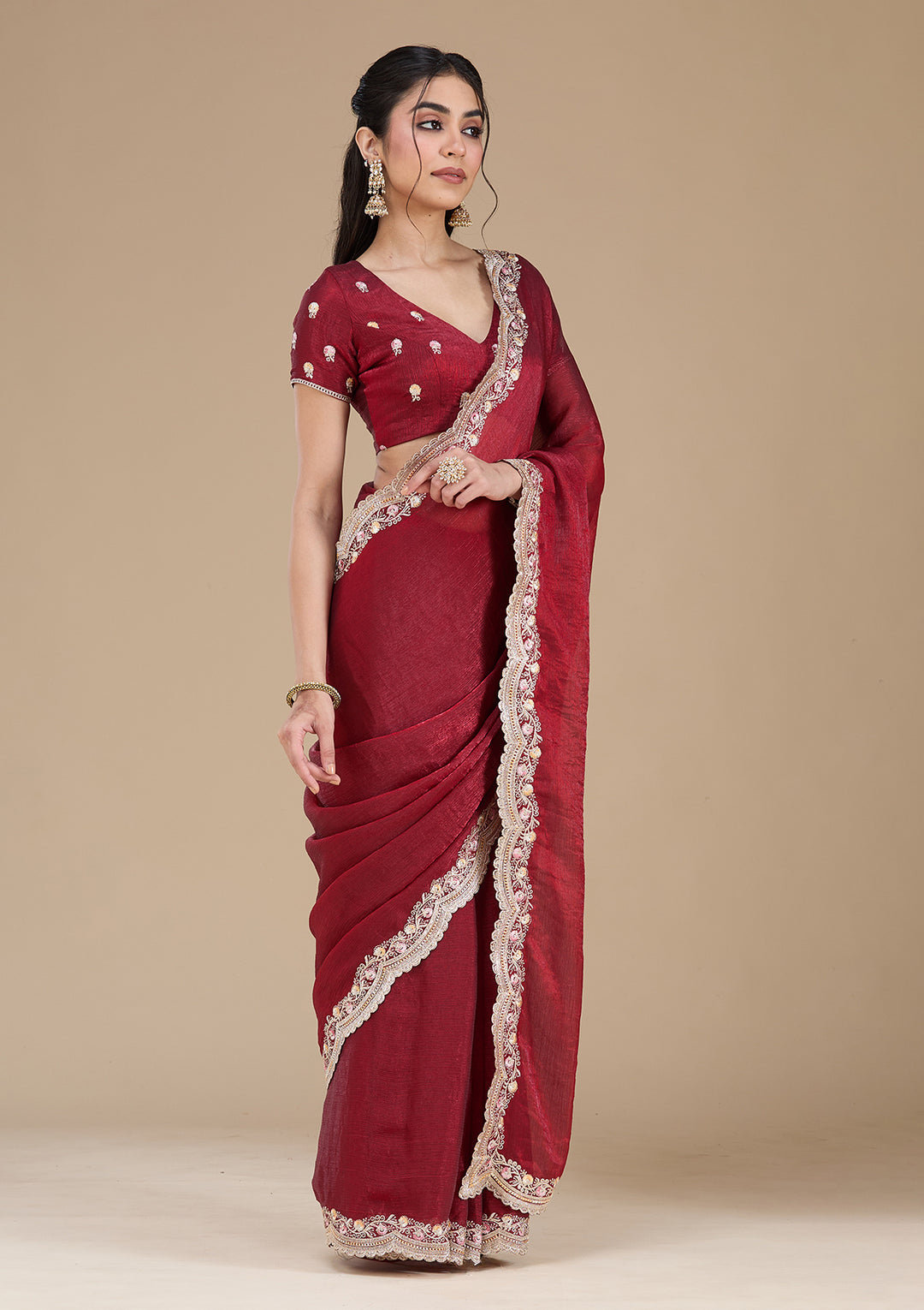 Maroon Zariwork (Gold) Tissue Saree