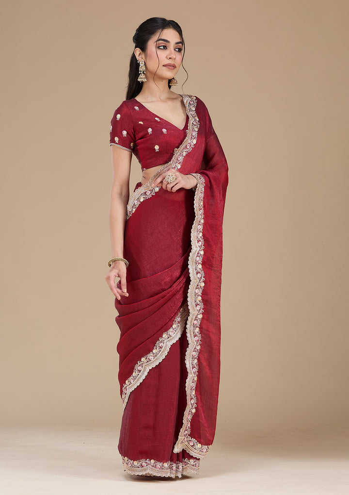 Maroon Zariwork (Gold) Tissue Saree
