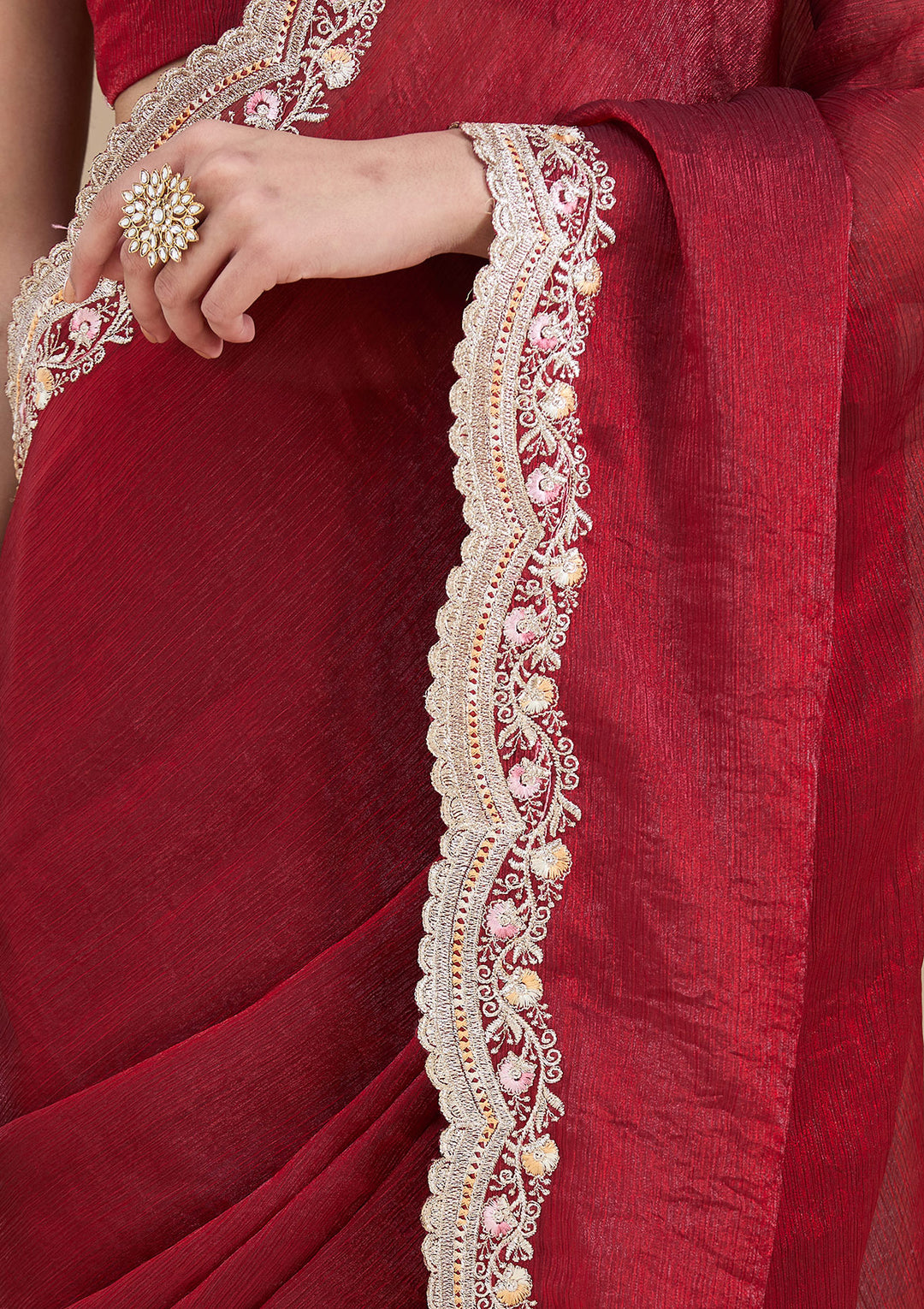Maroon Zariwork (Gold) Tissue Saree