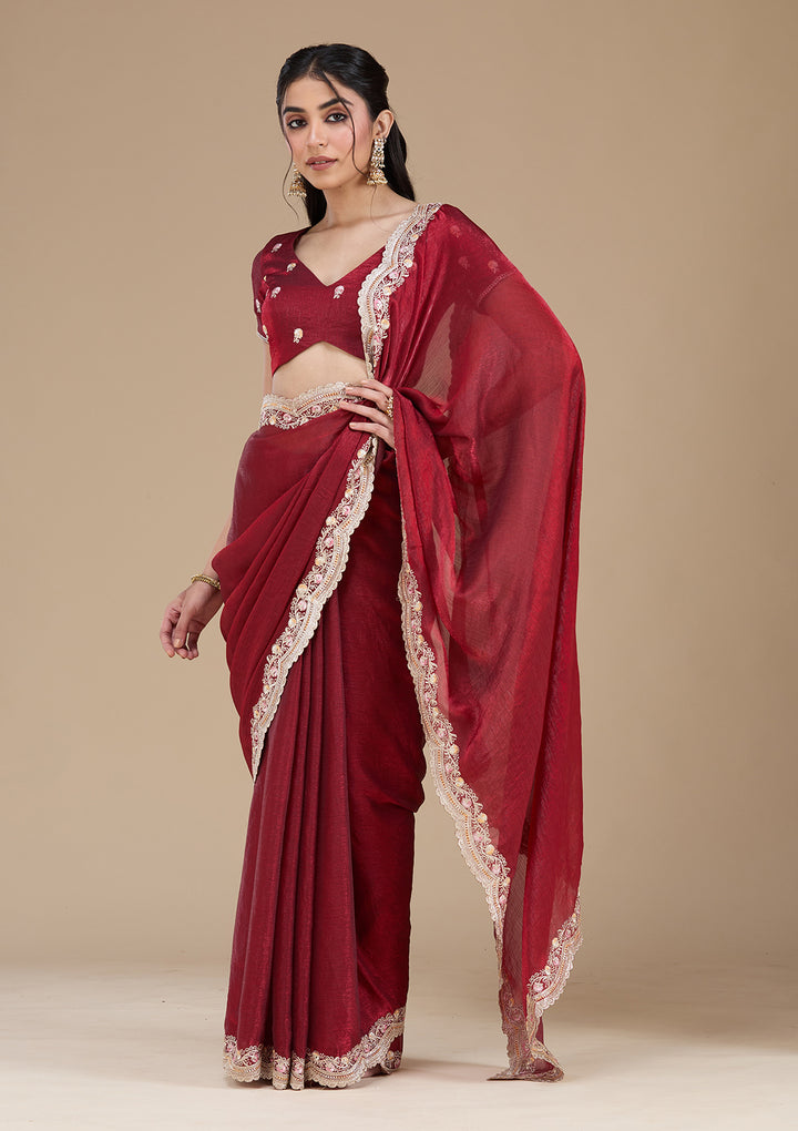 Maroon Zariwork (Gold) Tissue Saree