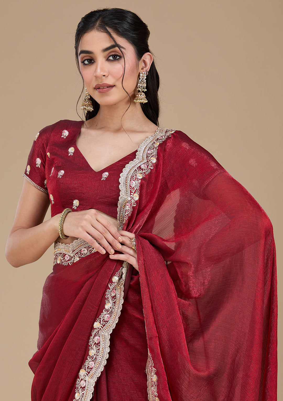 Maroon Zariwork (Gold) Tissue Saree