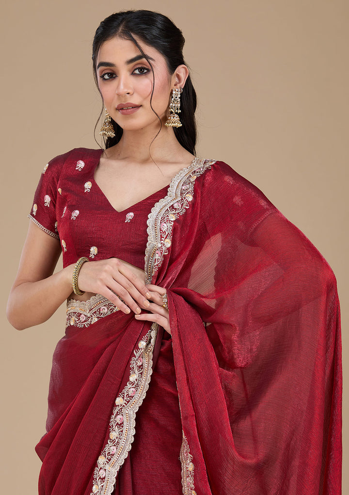 Maroon Zariwork (Gold) Tissue Saree