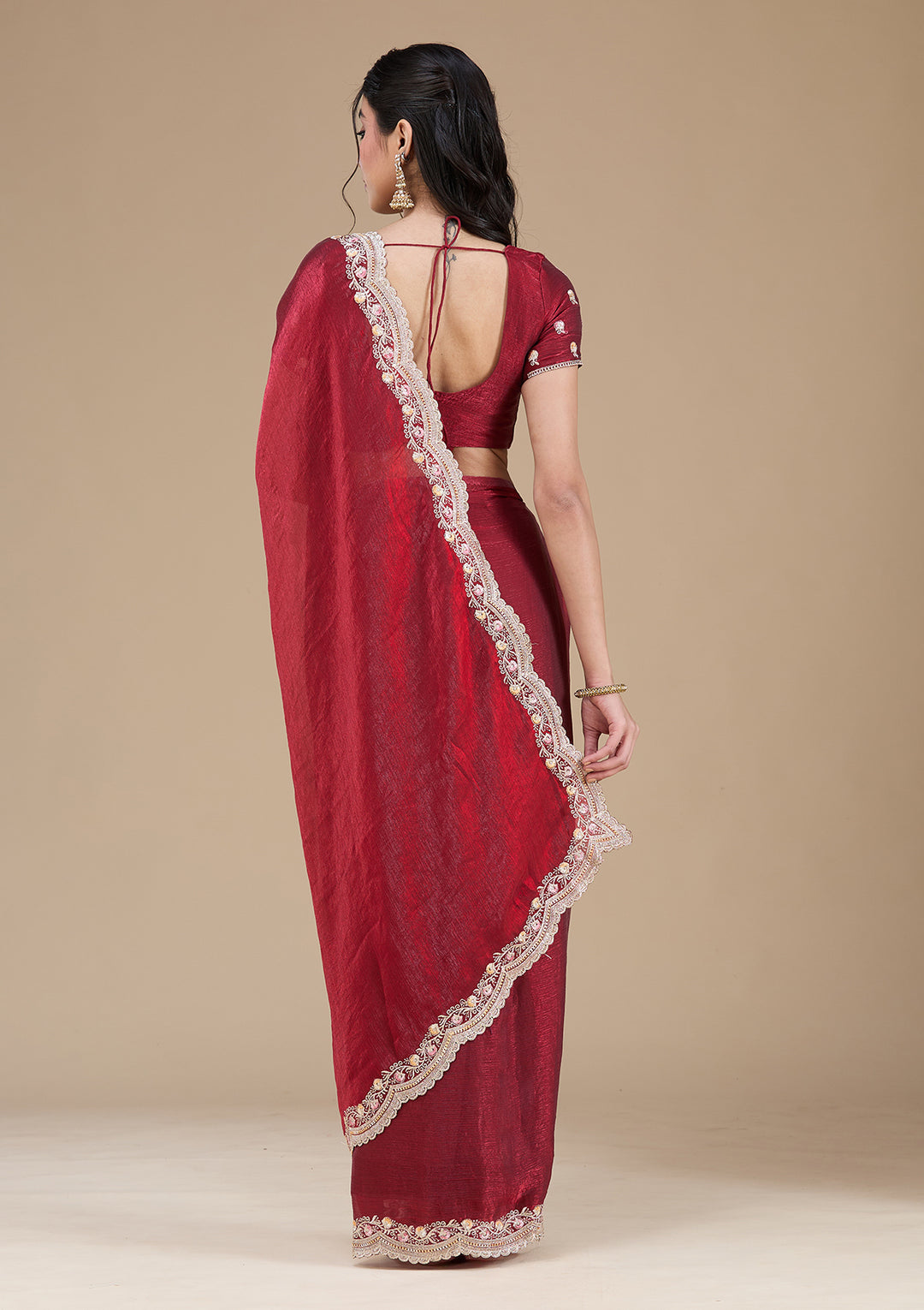 Maroon Zariwork (Gold) Tissue Saree