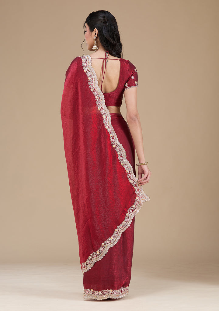 Maroon Zariwork (Gold) Tissue Saree