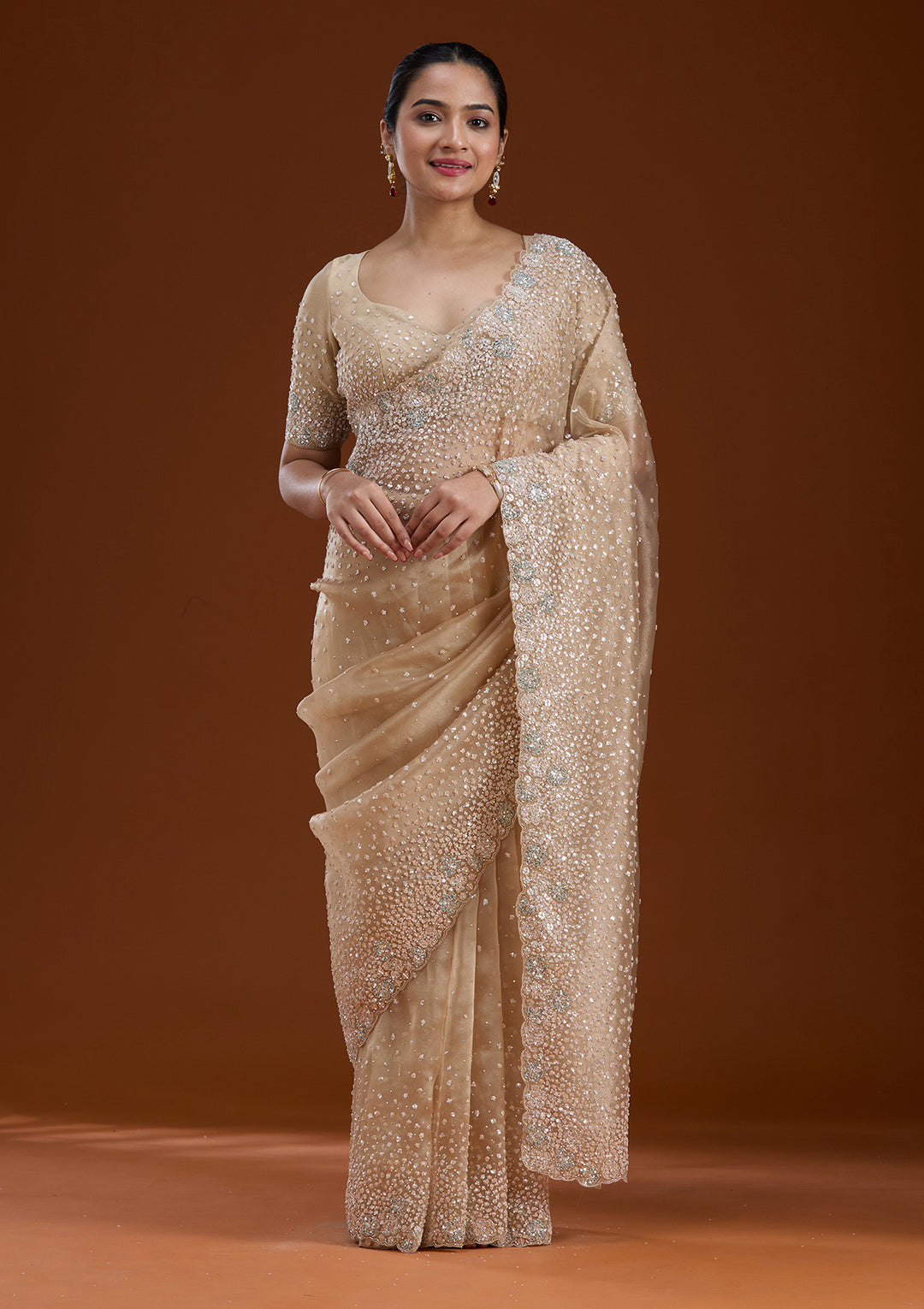 Beige Sequins Tissue Saree