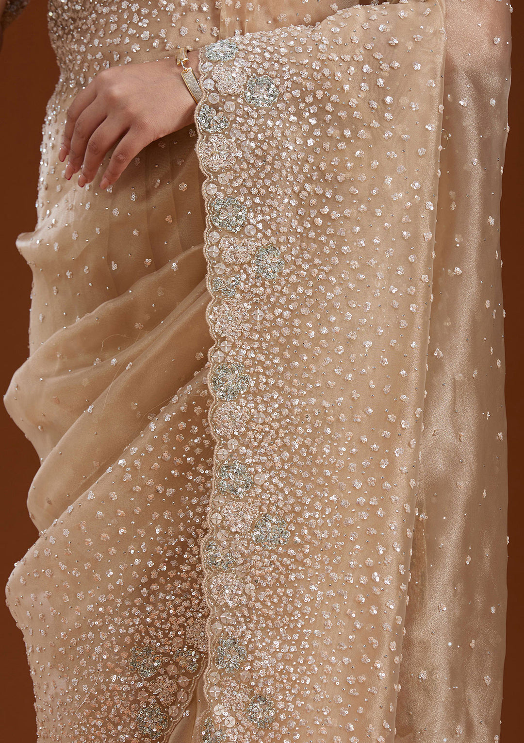 Beige Sequins Tissue Saree